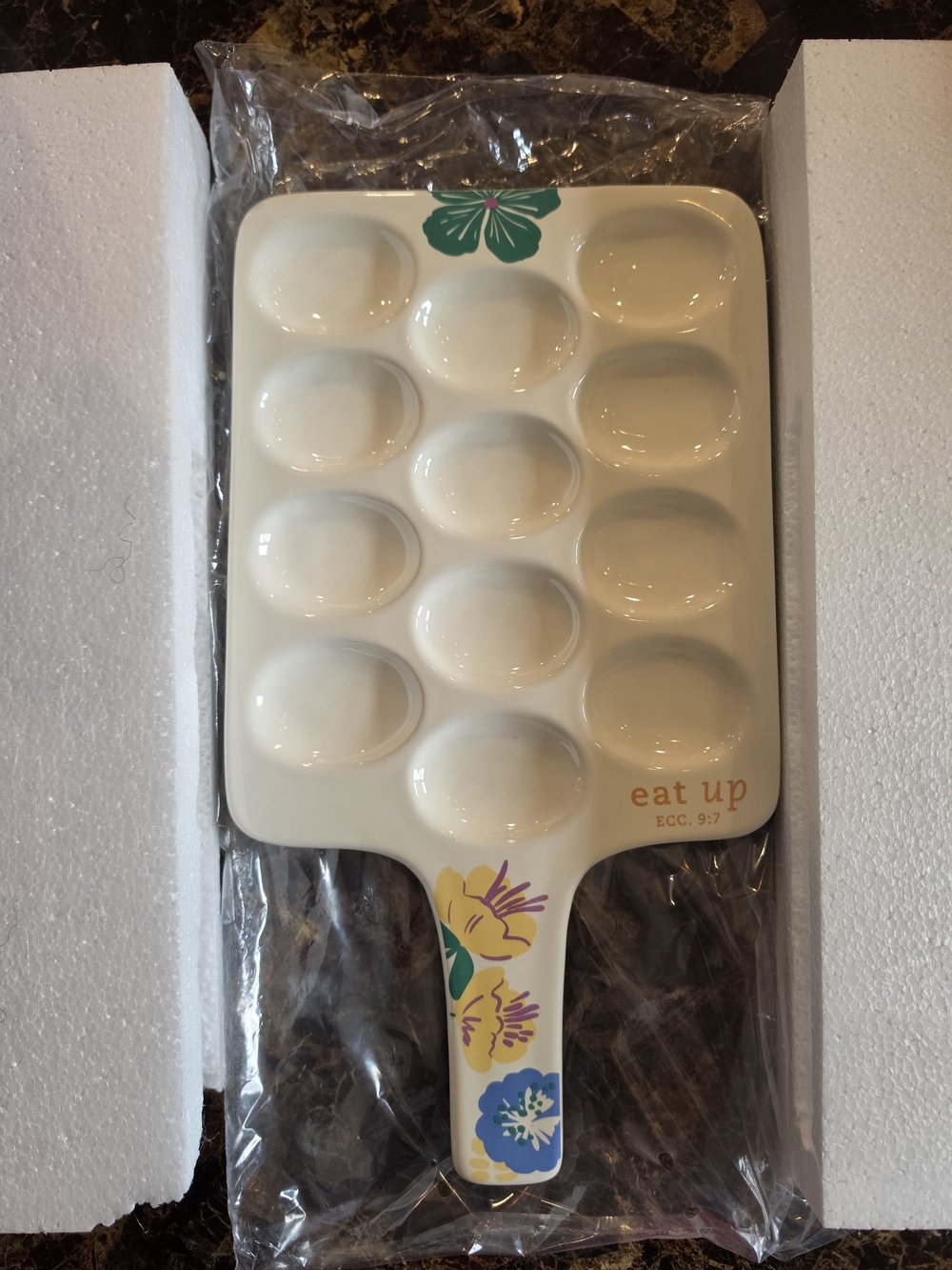 NWT The Mary & Martha "Eat Up" Egg Serving Tray Floral Handle - Cream